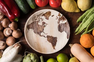 Vegetables arranged around a plate looking like the globe