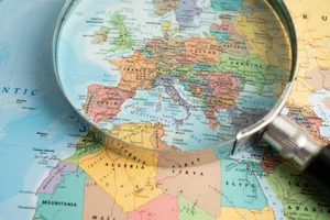 Europe map with magnifying glas