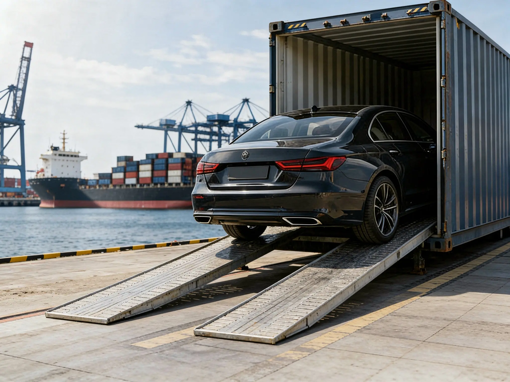 car driving out of shipping container