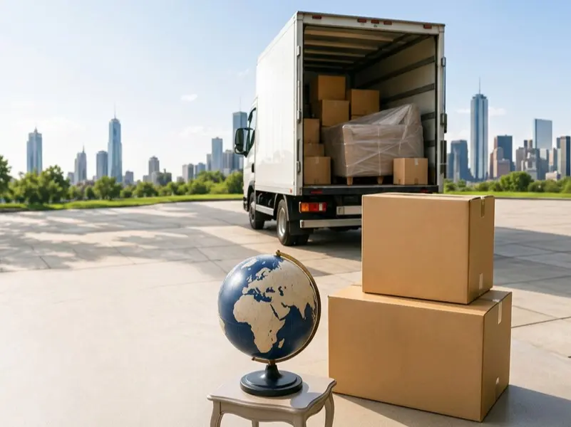moving truck globe carboard boxes city